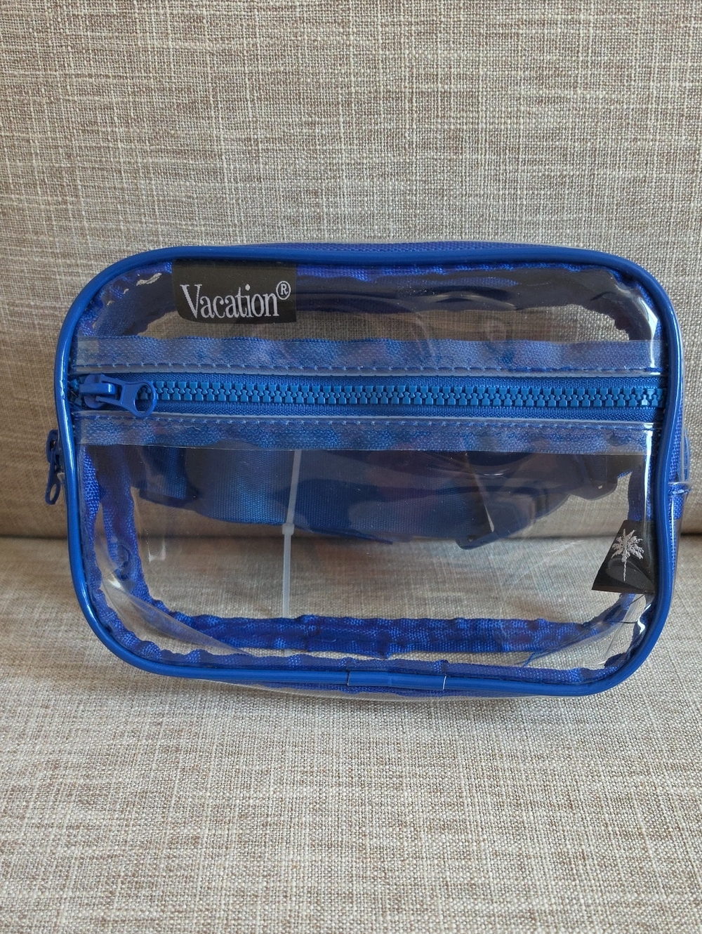 Vacation® Clear Crossbody Belt Bag, Royal Blue Trim. New